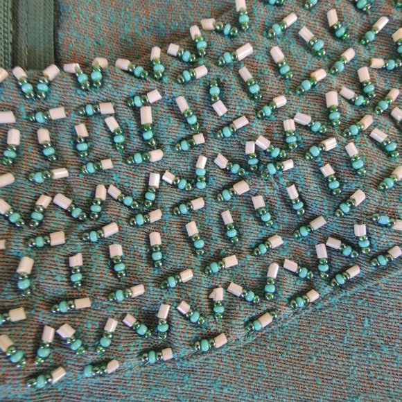 Tarsian & Blinkley Green 100% Raw Silk Beaded Afghan Top S - Picture 3 of 11